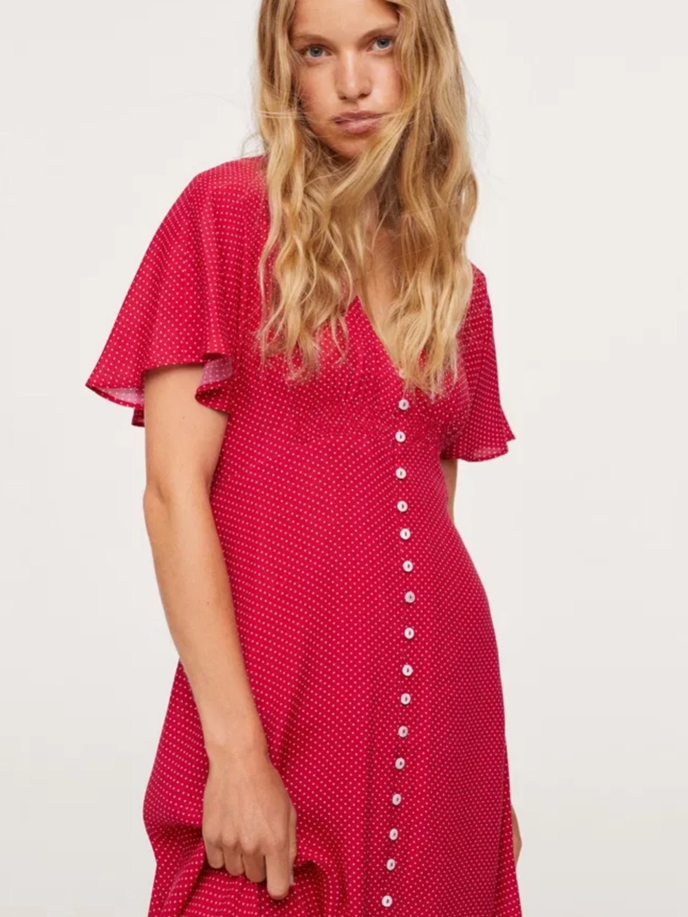 Mango Red Polka Dot Button-Front Midi Dress